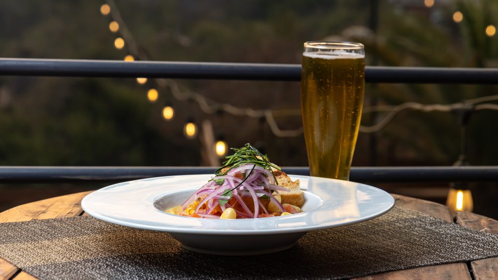Plato de cocina regional con cerveza artesanal en la terraza del restaurante de Olmué Natura al atardecer