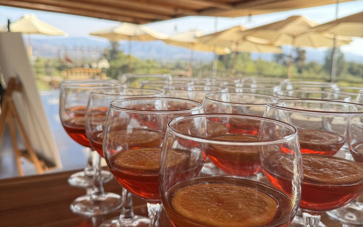 Copas servidas en la terraza del restaurante de Olmué Natura con vista a la cordillera