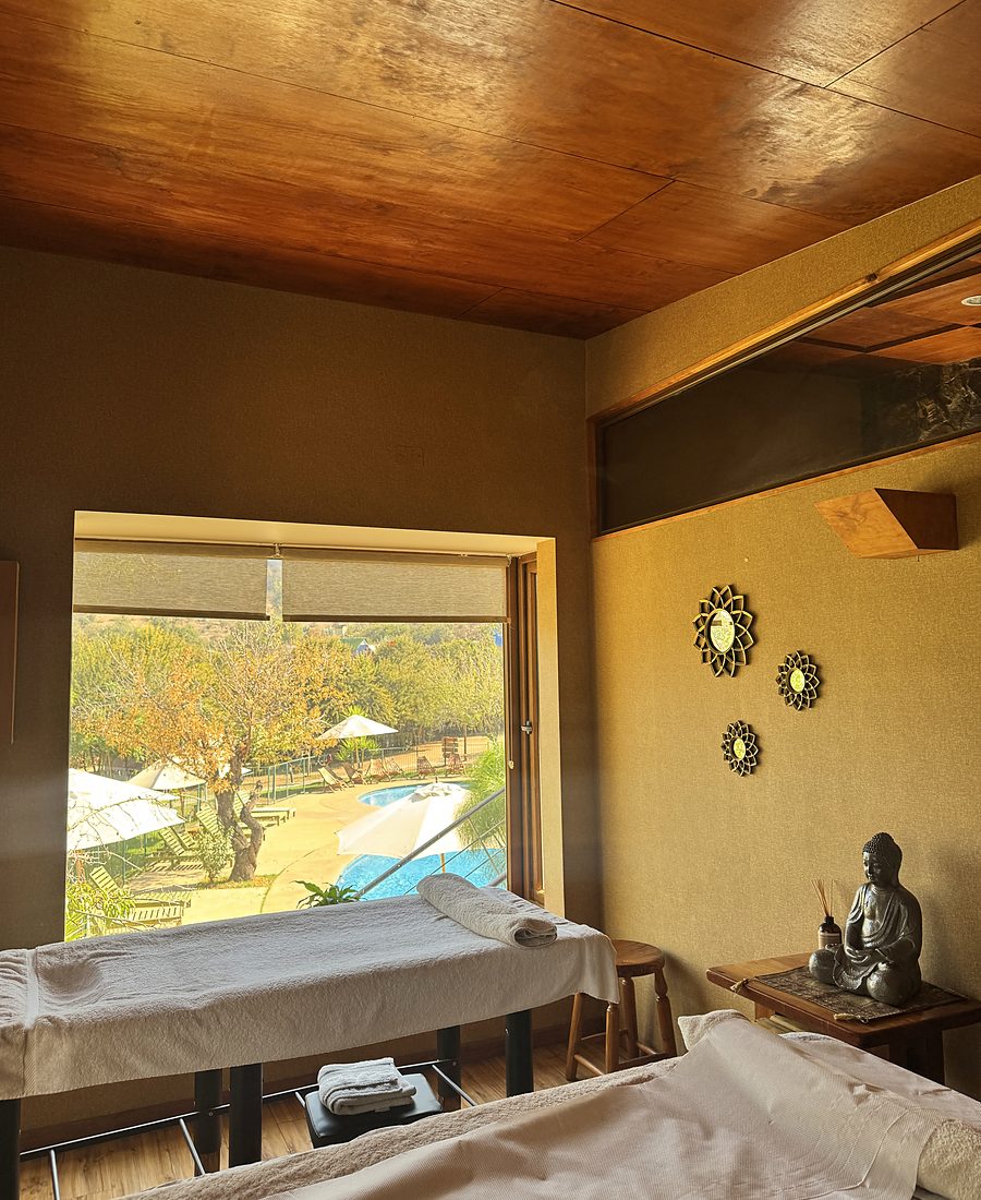 Sala de terapias del spa de Olmué Natura con ventanal a los jardines